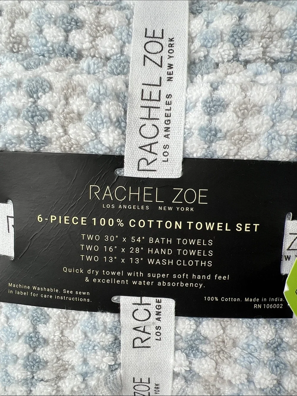 Rachel Zoe Towel Set Blue Tan White Waffle Weave Soft 100% Cotton 6 Pc Set NEW